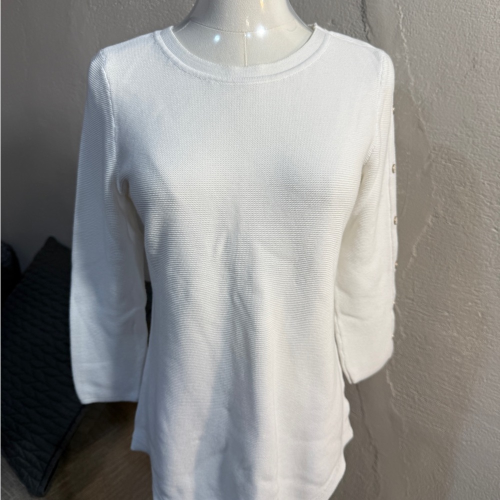 Talbots White Knit Top XS Button Sleeve Crew Neck 3/4 Sleeve